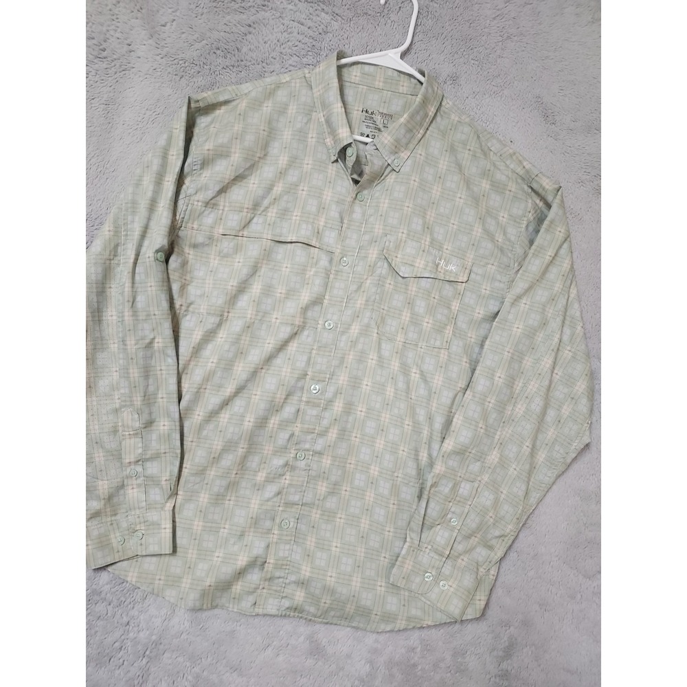 Huk Shirt Mens Large Performance Fishing Plaid Long Sleeve Green Mesh Siding L
